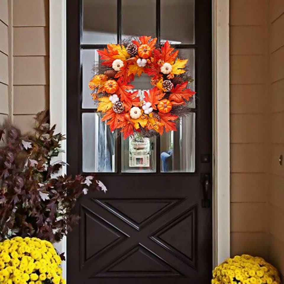 image 1 of Living and Home Autumnal Halloween Door Decorative Wreath Maple Pumpkin