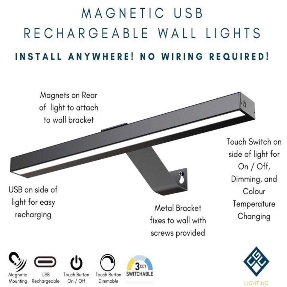 image 1 of CGC LIBRA Black LED Rechargeable Magnetic USB Over Picture Wall Light Black