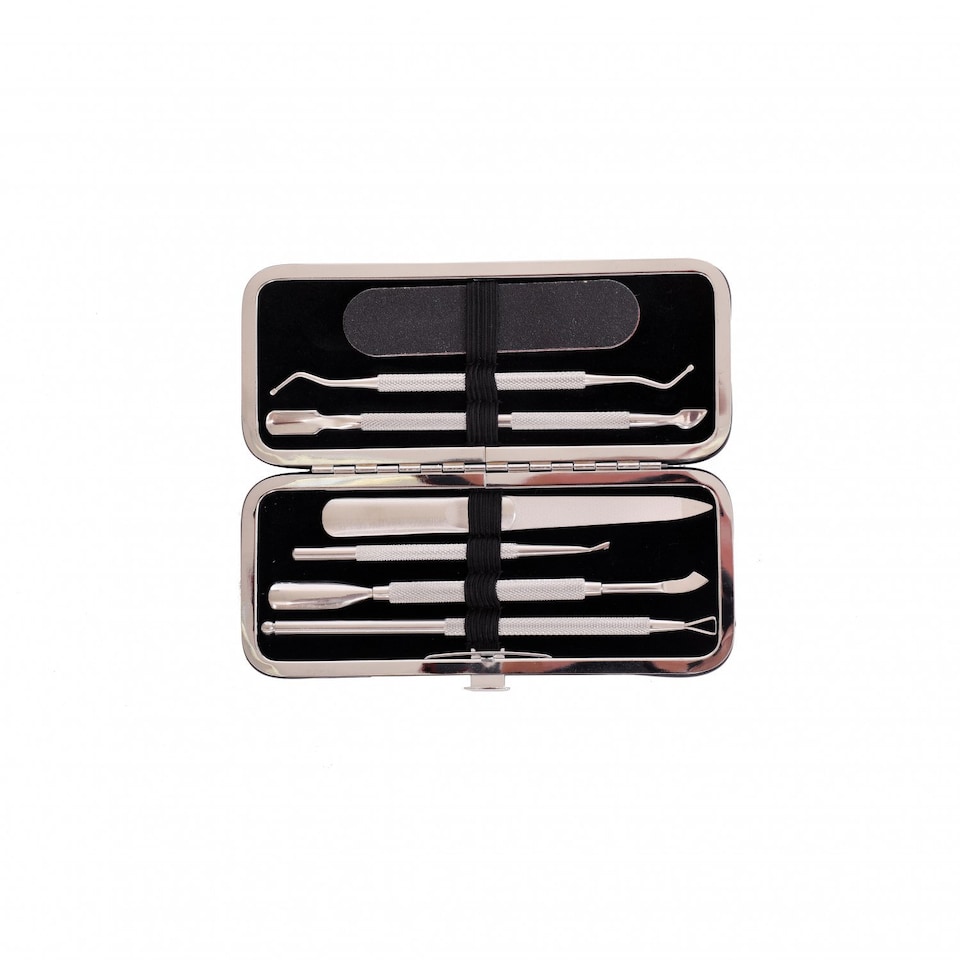 image 1 of 5pc Stainless Steel Nail Cuticle Pusher Polish Remover Tool Set | Black