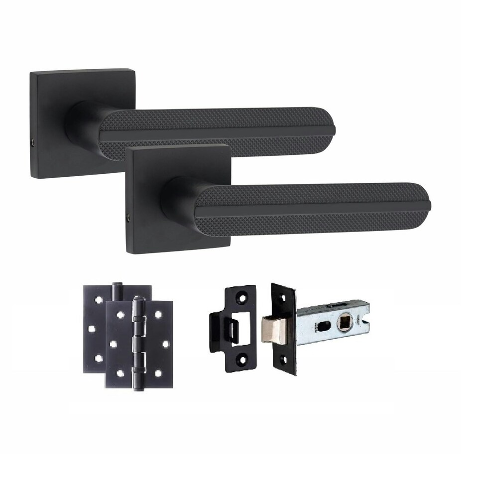 image 1 of Golden Grace 1 Pair Modern Lima Design Premium Door Handles on Square Rose in Matt Black Finish with 3" Ball Bearing Hinges and 2.5" Tubular Latch Black