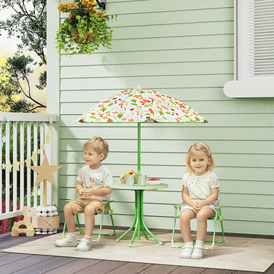 image 1 of AIYAPLAY Kids Garden Table and Chair Set, Outdoor Patio Set w/ Parasol Pink