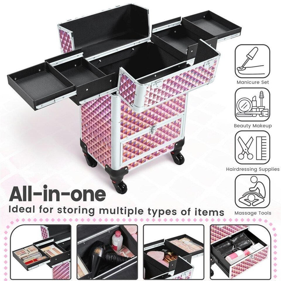 image 1 of Yaheetech Aluminum Makeup Train Case with Slide-Out Drawer Black Pink | Glitter Pink