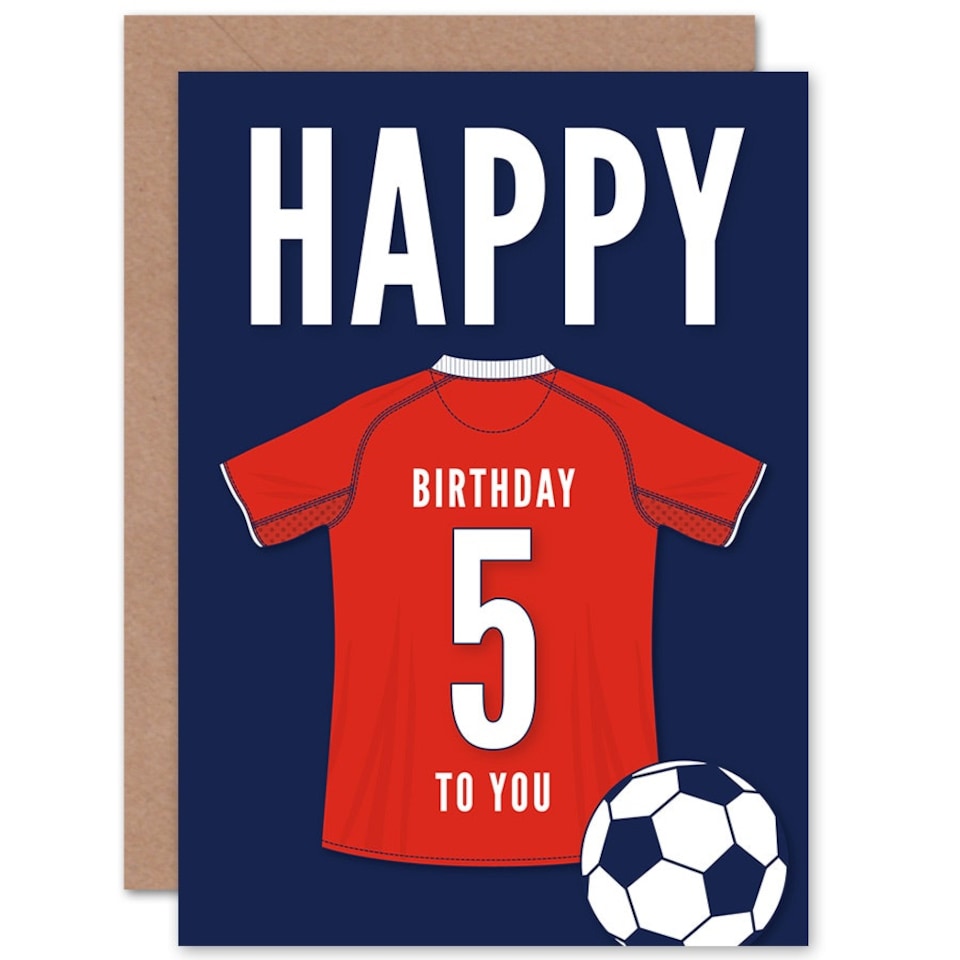 image 1 of Football Strip Kit Red Jersey Top On 5 Year Old Child Kids 5th Birthday Card