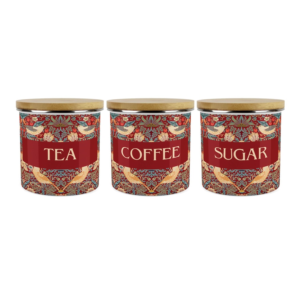 image 1 of Red Strawberry Thief Tea, Coffee & Sugar Large Kitchen Canisters - Set of 3