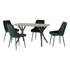 Athens Dining Set with 4 Avery Velvet Chairs Green | Concrete Effect/Emerald Green