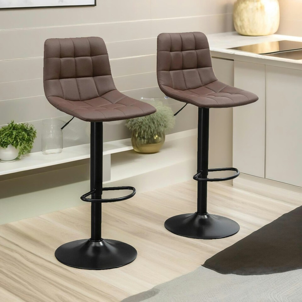 image 1 of 2PC Adjustable Height 360 Swivel Barstools Set With Shell Backrest Brown Brown