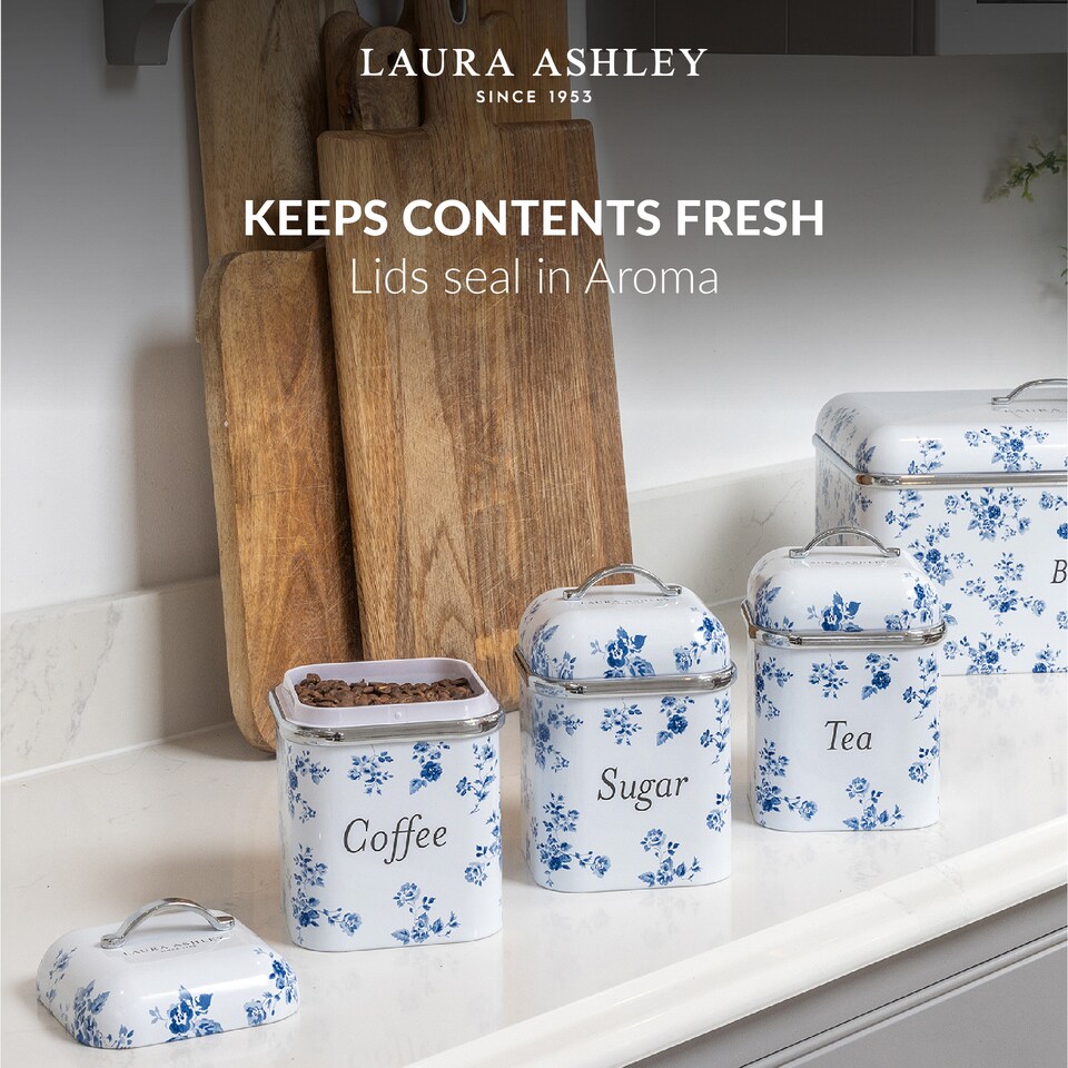 image 1 of VQ Laura Ashley Tea Coffee and Sugar Canisters Set of 3 Stainless Steel Tea