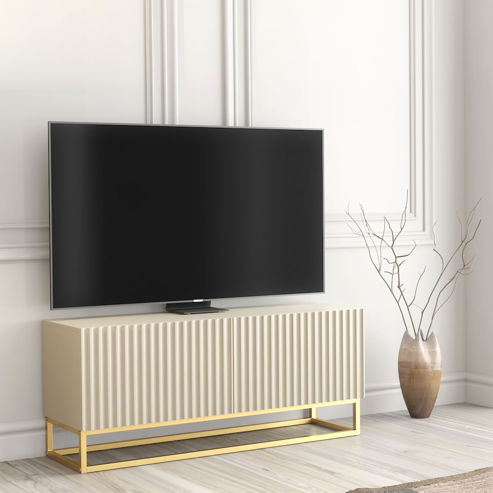 image 1 of TV Unit TV Stand Cashmere Gold Fluted Sideboard Media Console Storage Cabinet 100cm