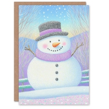 Greeting Card Cute Snowman Pastel Purple Winter Countryside Blank For Him Or Her Art Xmas Christmas Card