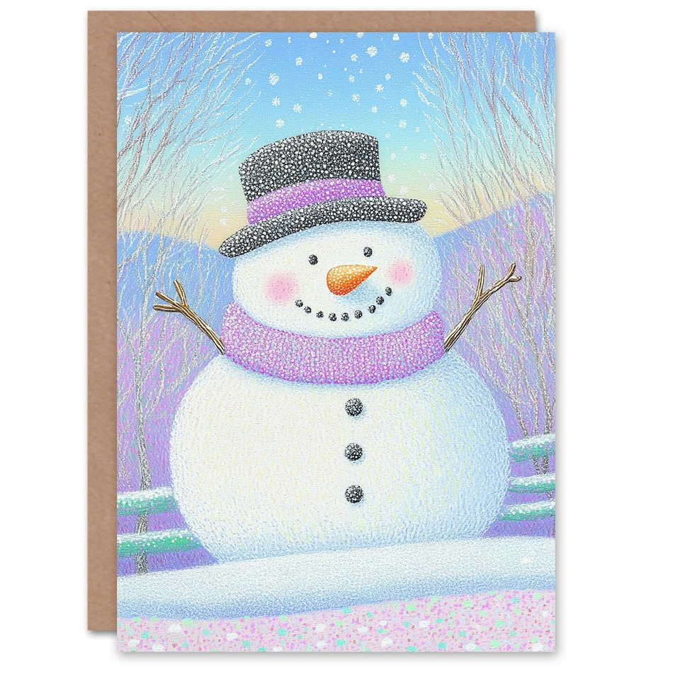 image 1 of Greeting Card Cute Snowman Pastel Purple Winter Countryside Blank For Him Or Her Art Xmas Christmas Card