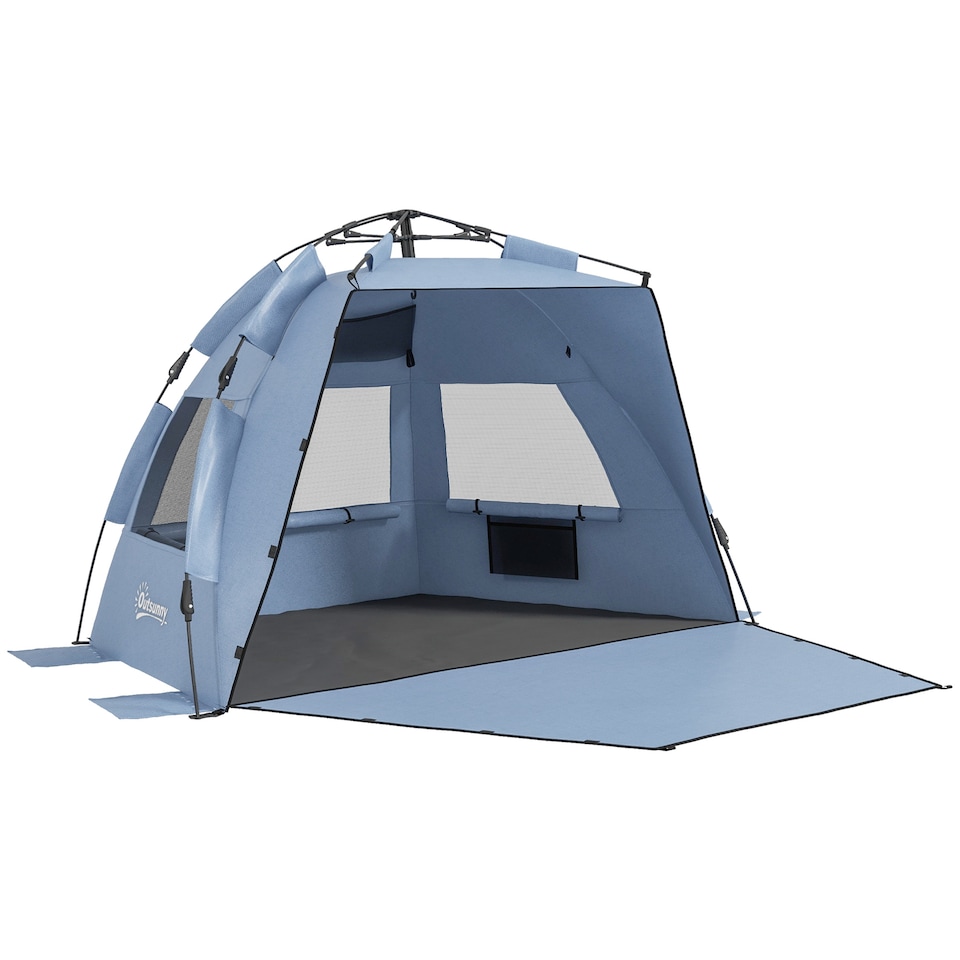 image 1 of Outsunny Pop Up Tent Beach Tent for 23 Person, Easy Set Up Sun Shelter with Extended Floor, Sandbags, Mesh Windows and Carry Bag | Blue