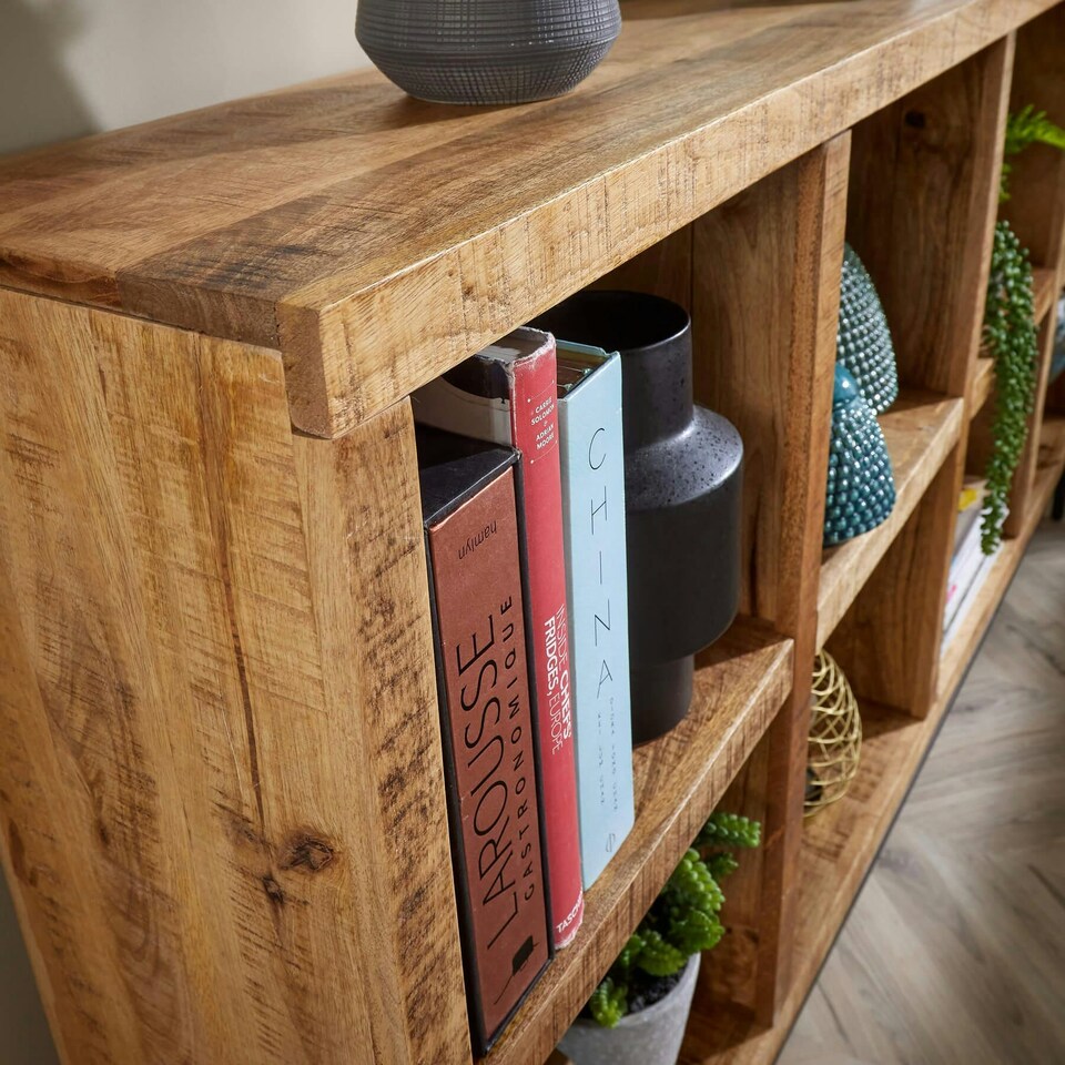 image 1 of Open Wide Bookcase Solid Wooden Mango Frame Iron Home Office Furniture Storage Brown