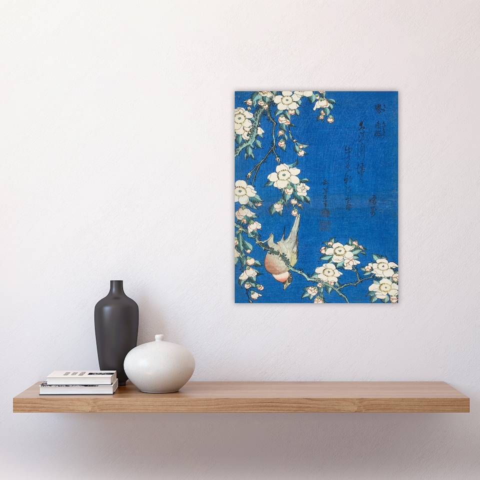 image 1 of Bullfinch Weeping Cherry Blossoms Japanese Wall Art Print Hokusai 12x16"