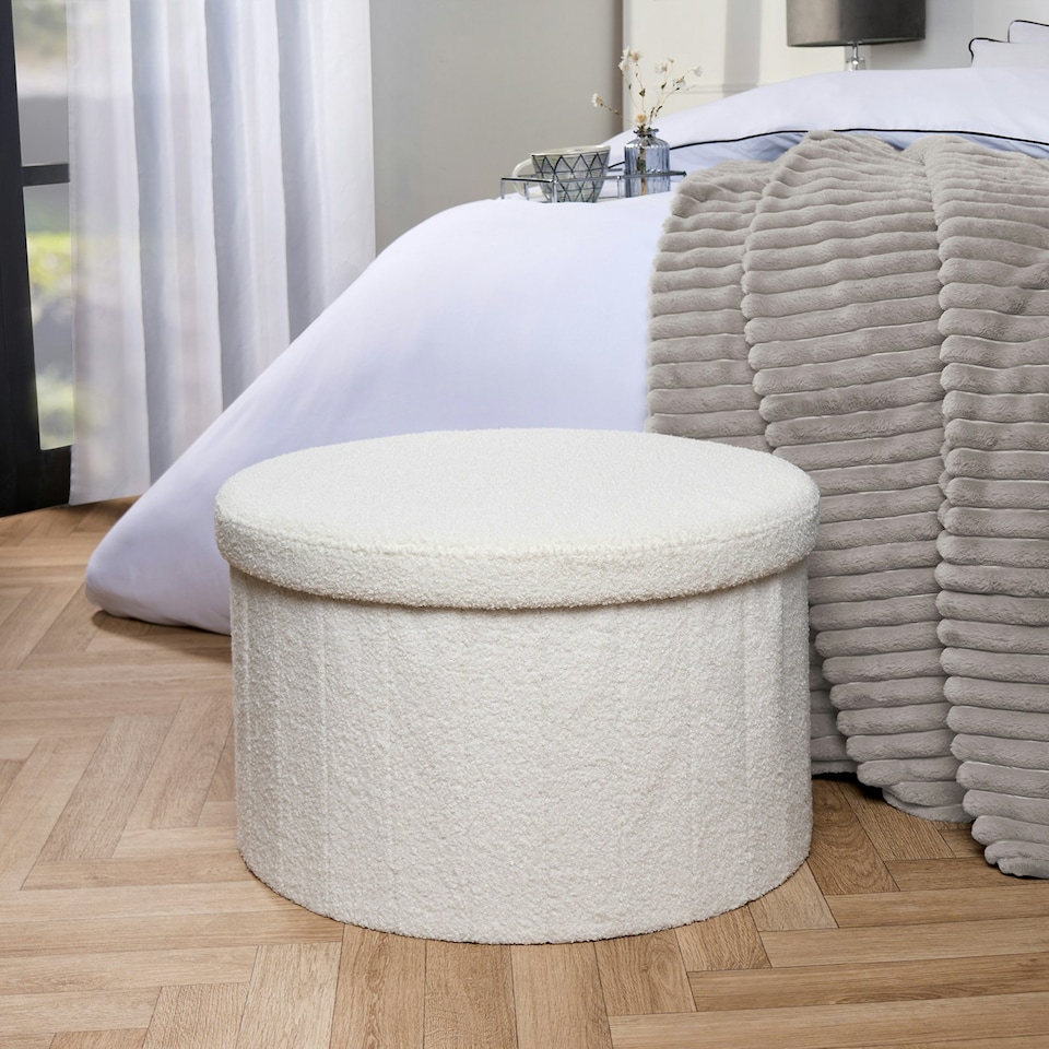 image 1 of OHS Boucle Extra Large Foldable Rounded Storage Box Footstool Space Saving Seat Ottoman White