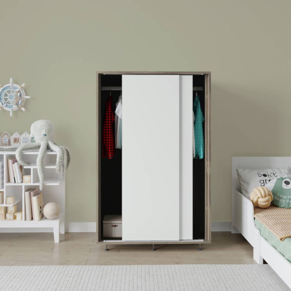 image 1 of URBNLIVING 2 Sliding Door Wardrobe 120cm Freestanding Unit | Multi | Oak Carcass + White Doors | 1