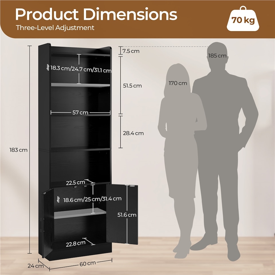 image 1 of Yaheetech 7-Tier Tall Bookcase with 2-Door Cabinet-Black