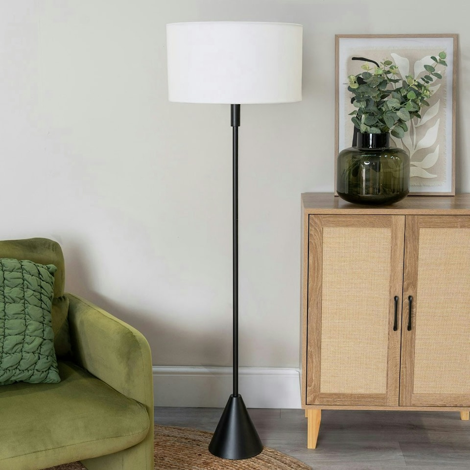 image 1 of ValueLights Mitch Natural Linen White Trim Lamp Shade Black Wood Triangle Floor Lamp & Bulb Black