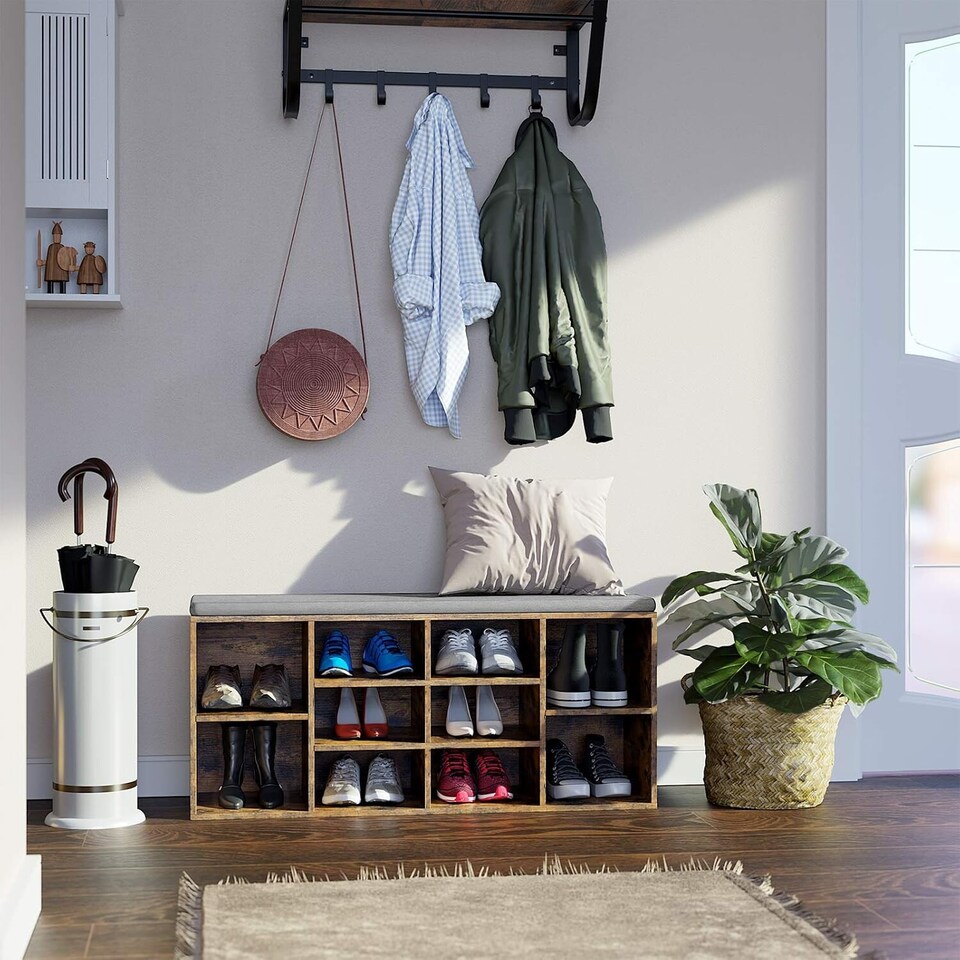 image 1 of 10-Compartment Entryway Shoe Storage Cabinet with Cushioned Seat, Rustic Brown and Grey