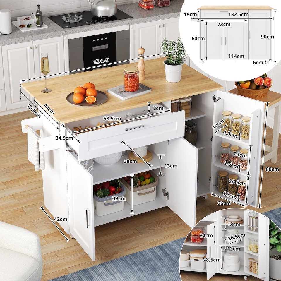 image 1 of VILUXE Mobile Kitchen Island with Foldable Worktop, Drawer, Adjustable Cabinets, 3 Door Spice Racks, Towel Rail and 5 Wheels, White and Natural Wood