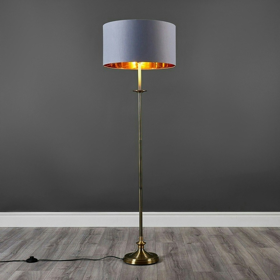 image 1 of ValueLights Belmont Sconce Brushed Gold Floor Lamp with Large Grey Drum Shade and LED Bulb | Grey