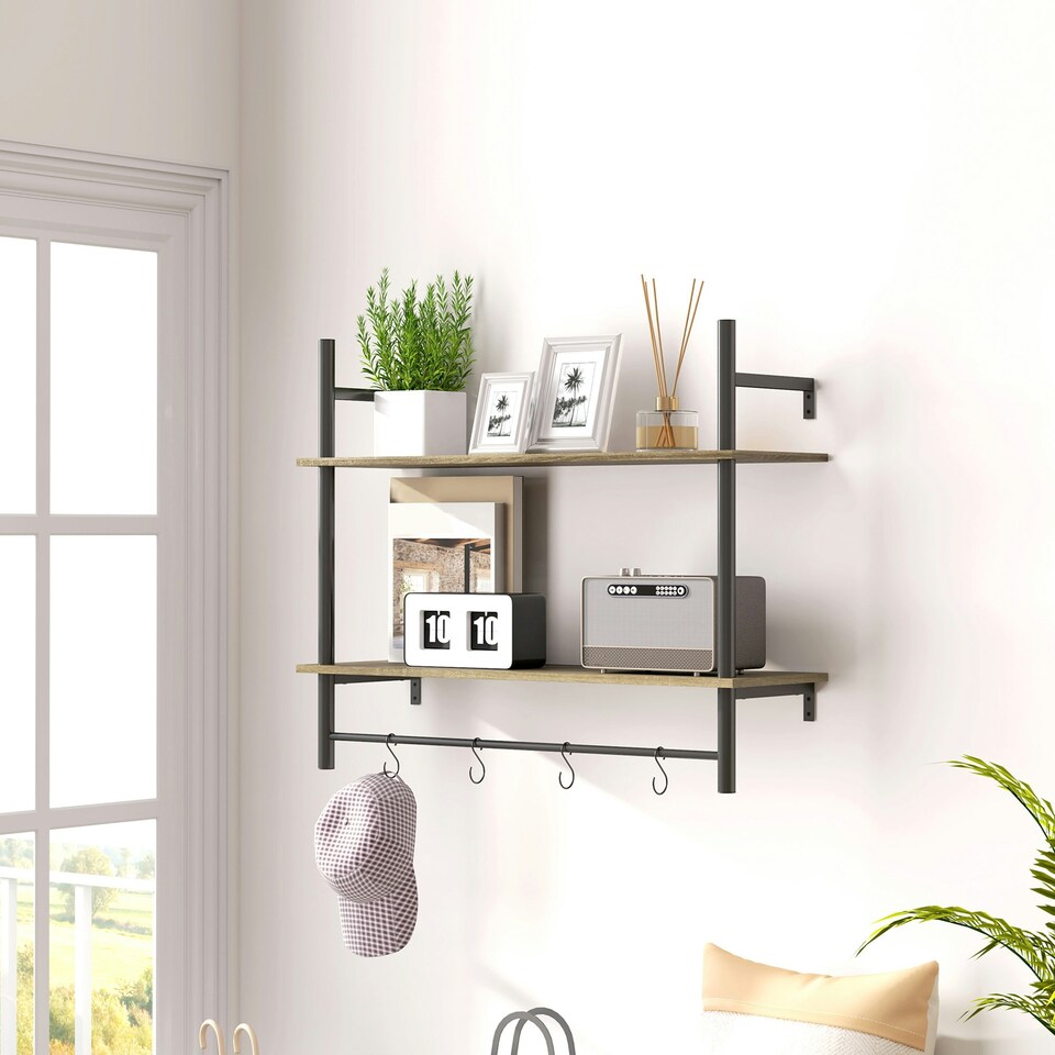 image 1 of HOMCOM Wall Shelf Unit with 4 Hooks for Living Room, Entryway, Grey