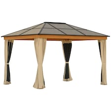 Outsunny Hardtop Gazebo Polycarbonate Canopy with Nettings and Sidewalls Khaki