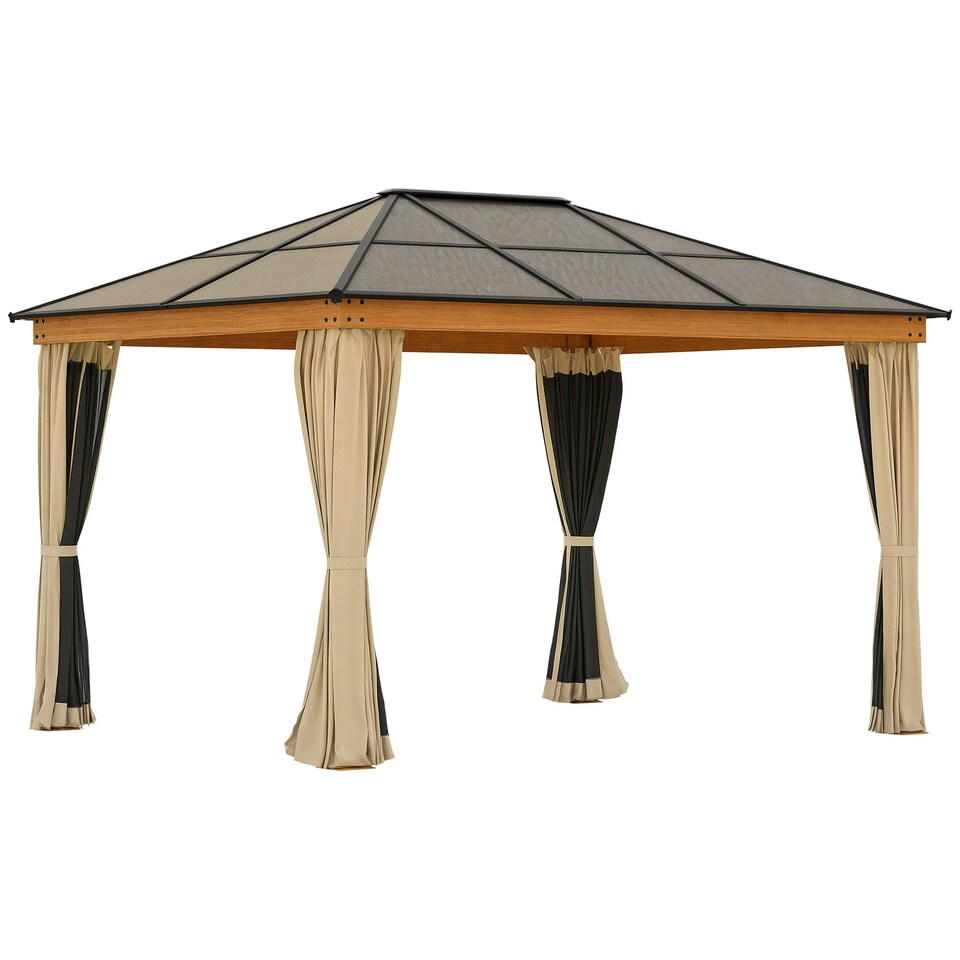 image 1 of Outsunny Hardtop Gazebo Polycarbonate Canopy with Nettings and Sidewalls Khaki