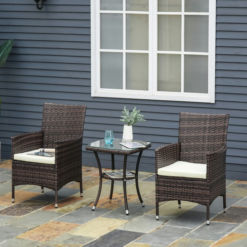 image 1 of Outsunny Rattan Bistro Set Garden Chair Table Patio Outdoor, Brown | Brown
