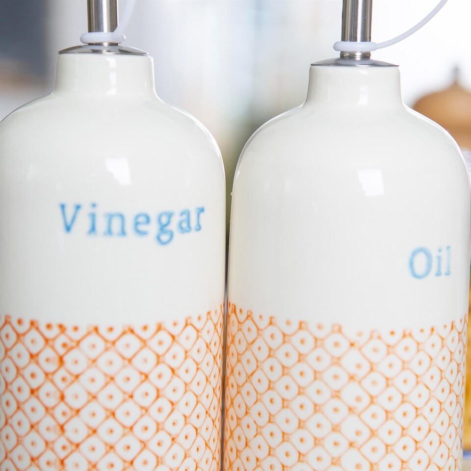 image 1 of Nicola Spring 2 Piece Hand-Printed Oil & Vinegar Pourer Bottles Set - 500ml - Orange