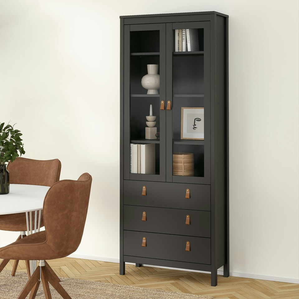 image 1 of Barcelona China Cabinet 2 Glass Doors with 3 Drawers in Matt Black