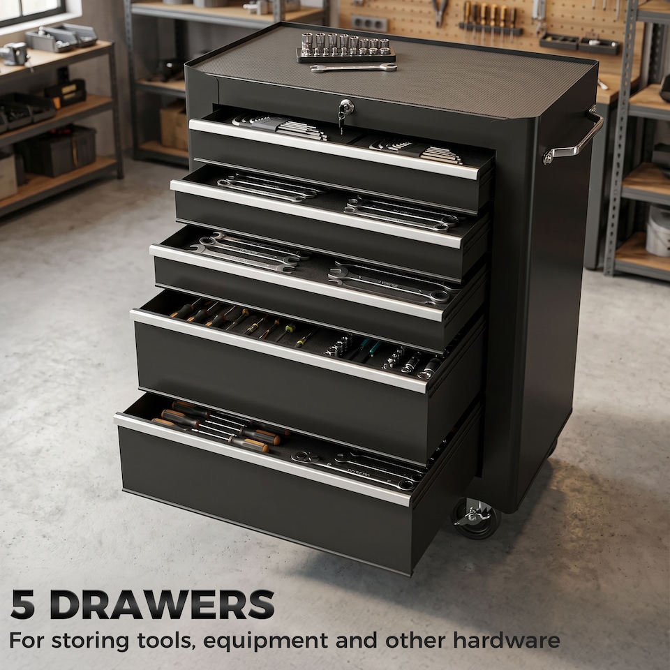 image 1 of HOMCOM 5-Drawer Lockable Steel Tool Storage Cabinet Wheels Handle 2 Keys Black