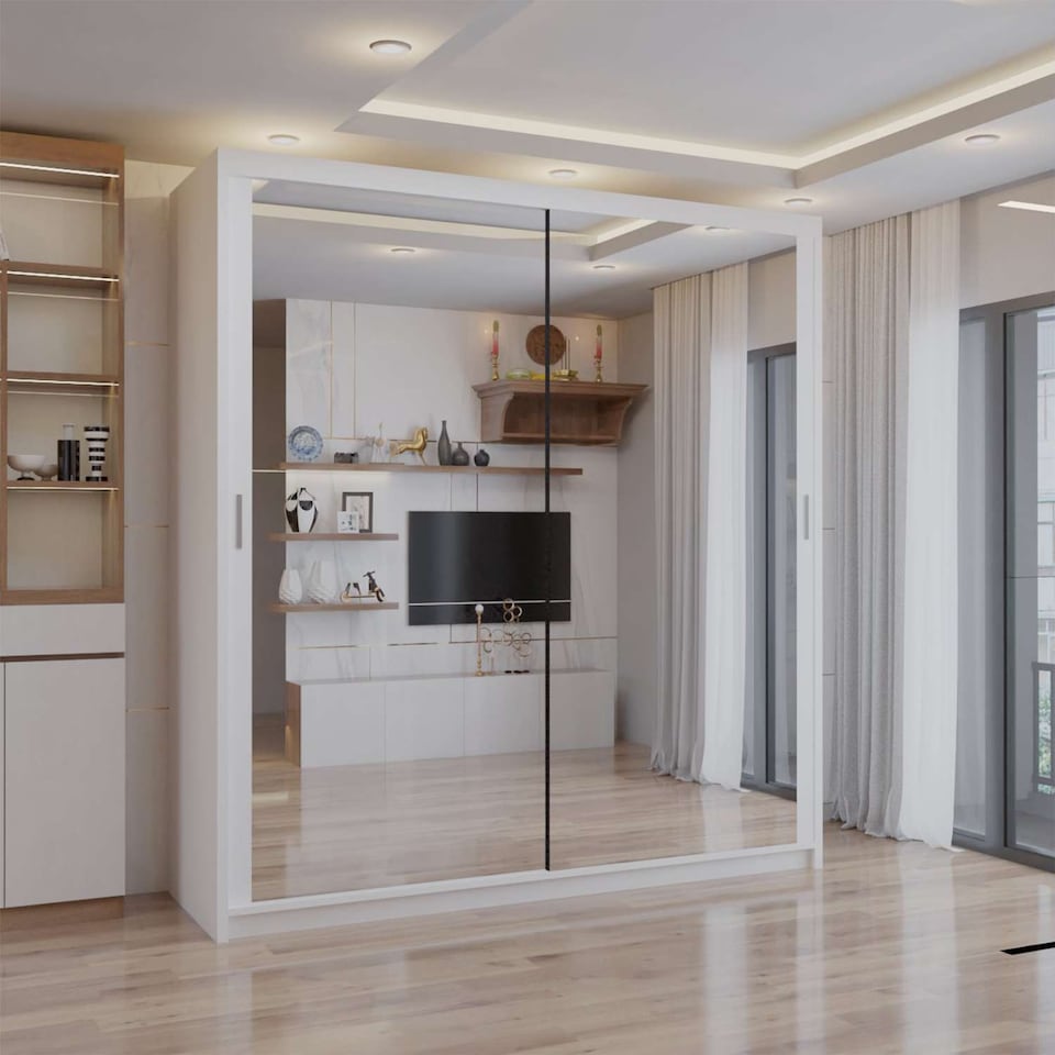 image 1 of Sliding wardrobes 4U Modern Full Mirror Sliding Door Wardrobe Multi Size (90-203cm) & Color Options | White | 150cm | 150cm