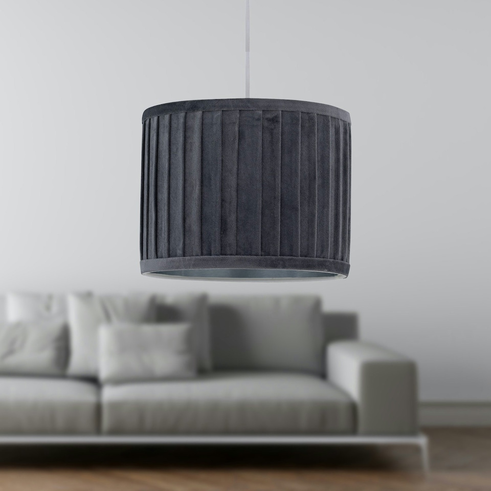 image 1 of First Choice Lighting Set of 2 Sundance Grey Velvet Pleated 25cm Lamp Shades with Silver Inner Grey | Silver
