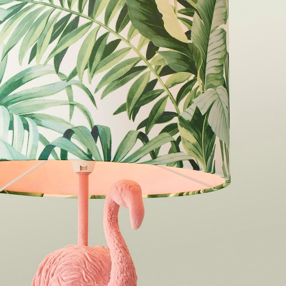 image 1 of ValueLights Pink Velvet Flamingo Bedside Table Lamp with Tropical Palm Leaf Drum Lampshade Animal Light - Bulb Included Pink