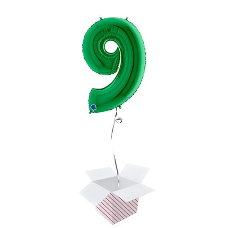 Green Number 9 Helium Foil Giant Balloon - Inflated Balloon in a Box