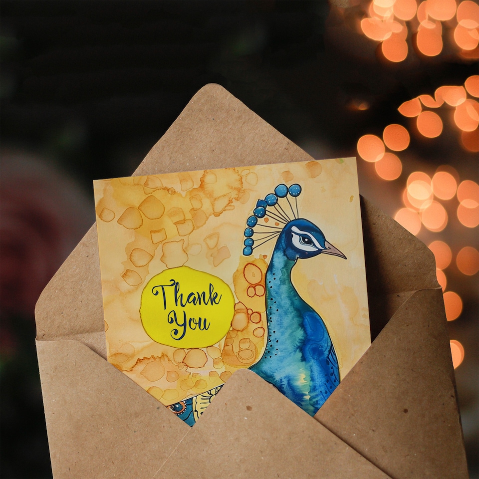 image 1 of Peacock Bird Mandala Pattern Feathers Folk Art Thank You Card