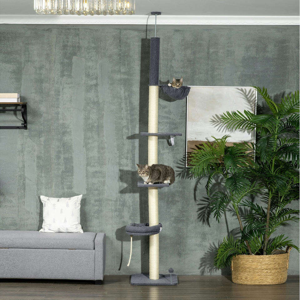 image 1 of PawHut 5 Tier Cat Climbing Tower, 240-270cm Height Adjustable, Dark Grey