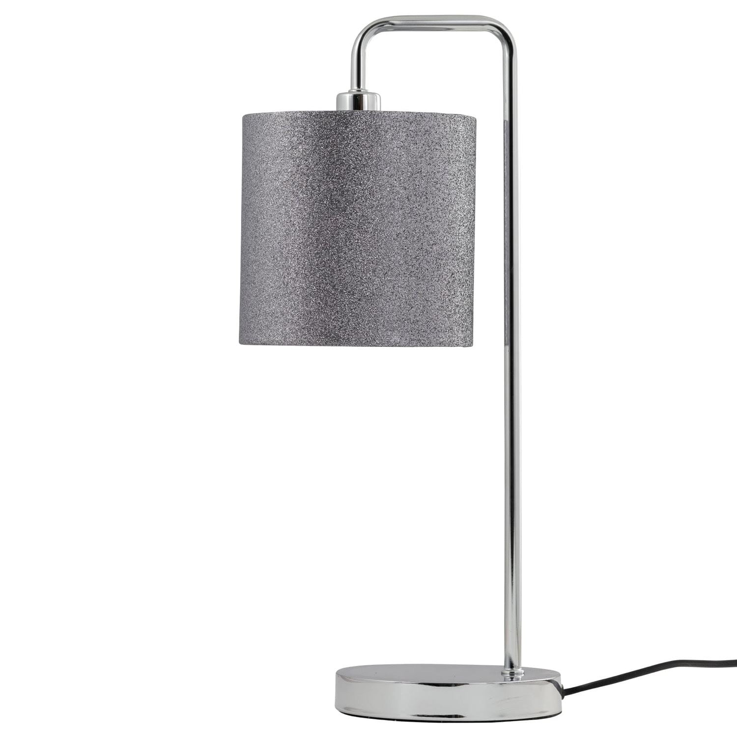 First Choice Lighting Chrome Arched Table Lamp with Grey Glitter Shade in Silver