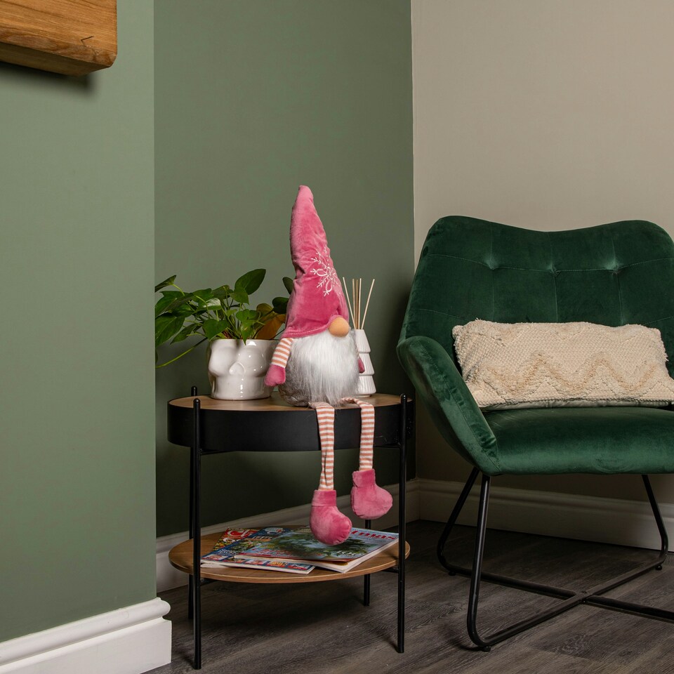 image 1 of 71cm Pink and Grey Sitting Christmas Gonk Decoration with Dangly Legs and Snowflake Hat