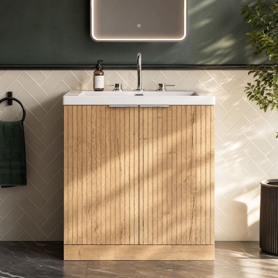 image 1 of Balterley Callingwood Contemporary Floor Standing 2 Door Vanity Unit with 3 Tap Hole Fireclay Basin , 800mm, Autumn Oak