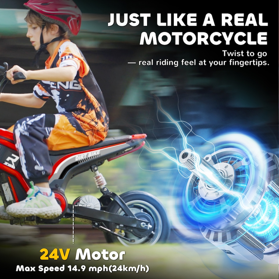 image 1 of HOMCOM 24V Kids Electric Motorbike with Twist Grip Throttle, Music, Horn, 12 Pneumatic Tyres, Max Speed 16kmithh, for Ages 8-12 Years - Red