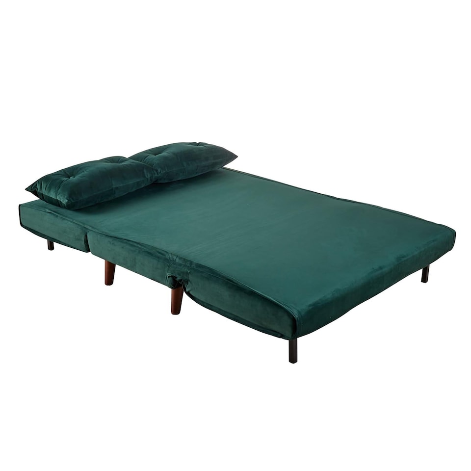 image 1 of Double Sofa Bed Folding Chair Velvet Green Wooden Legs Two Pillow Home Furniture