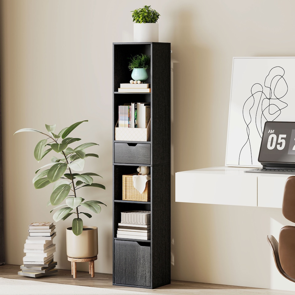 image 1 of HOMCOM 6-Tier Bookcase, Tall Narrow Bookshelf with Drawer, Door, Adjustable Shelf, Modern Display Standing Shelving Unit for Living Room, Home Office, Bedroom, 30 x 24 x 158 cm, Black | Black | Black