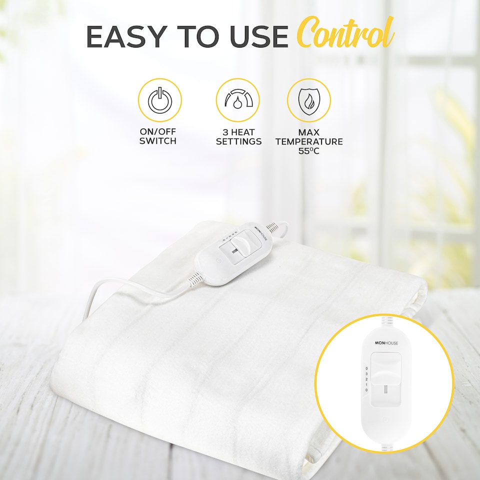 image 1 of MONHOUSE Premium  Electric Blanket - Heated Under Blanket - Detachable Controller & Machine Washable - 3 Heat Settings -  Double 120x135xm | White | 1