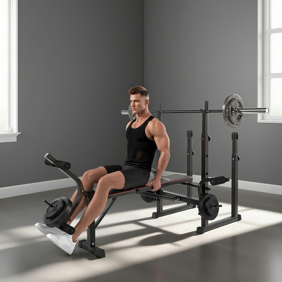 image 1 of SPORTNOW Weight Bench with Two Barbell Racks, Preacher Curl Bench