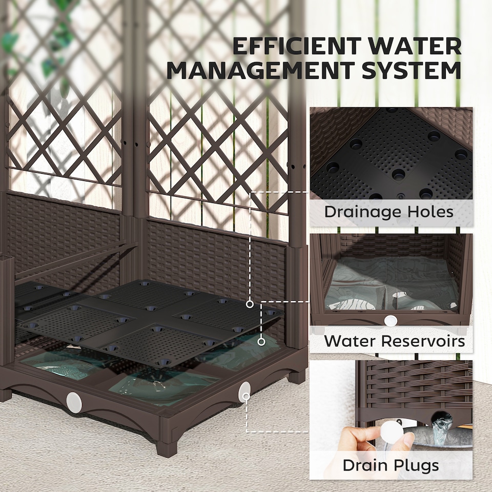 image 1 of Outsunny Raised Garden Bed with Trellis, Plastic Planter Box with Drainage Holes, Drain Plugs and Water Reservoirs for Climbing Plants, Vegetables, Flowers | Brown
