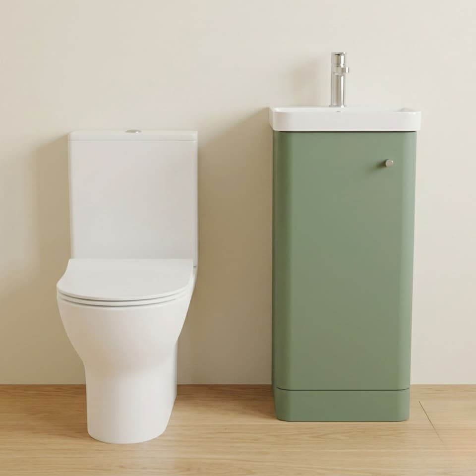 image 1 of Balterley Contemporary Floor Standing 1 Door Bathroom Vanity Unit, Basin, Tap & Toilet Pack | Green | Satin Green | 814 x 379 x 342mm