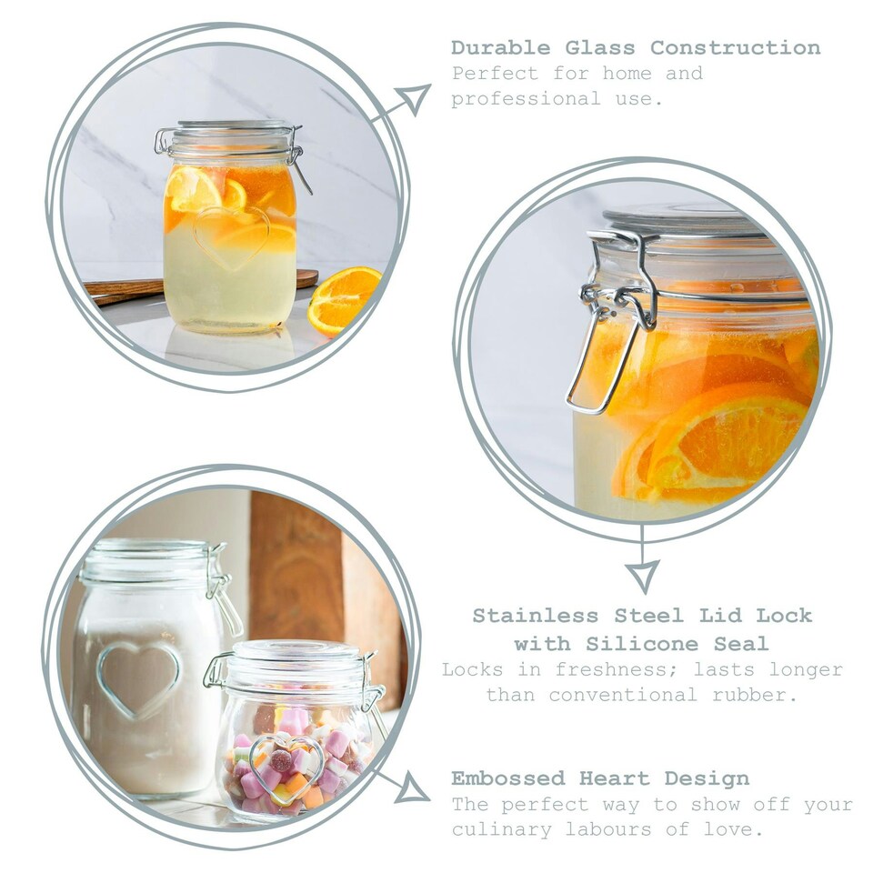 image 1 of Nicola Spring Heart Glass Storage Jars - 1 Litre - Clear Seal - Pack of 6