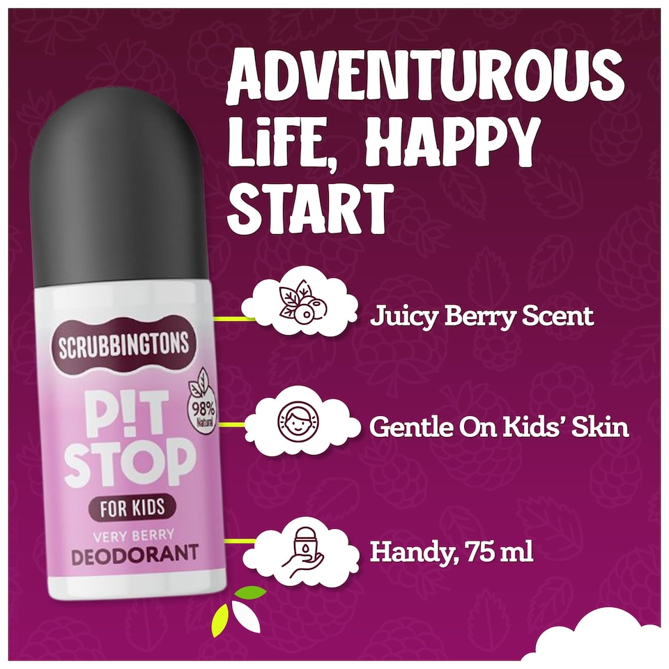 image 1 of Scrubbingtons Pit Stop Kids Deodorant Natural Roll On For Children, Teens Natural Ingredients For Sensitive Skin Paediatrician approved, Aluminium & Alcohol Free, Very Berry 75ml | White | White | 1