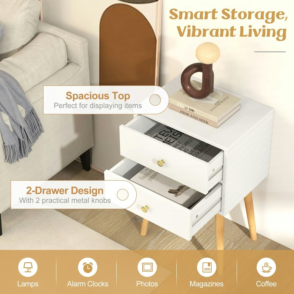 image 1 of COSTWAY Nightstand 2-Drawer Bedside Table w/Storage White White
